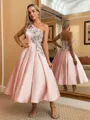 Perfect Ball-Gown One-Shoulder Flower Tea-Length Satin Homecoming Dress